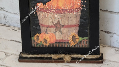 Hello Fall Bushel Basket Pumpkins Sunflowers Crow Framed Art with Attached Stand