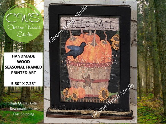 Hello Fall Bushel Basket Pumpkins Sunflowers Crow Framed Art with Attached Stand