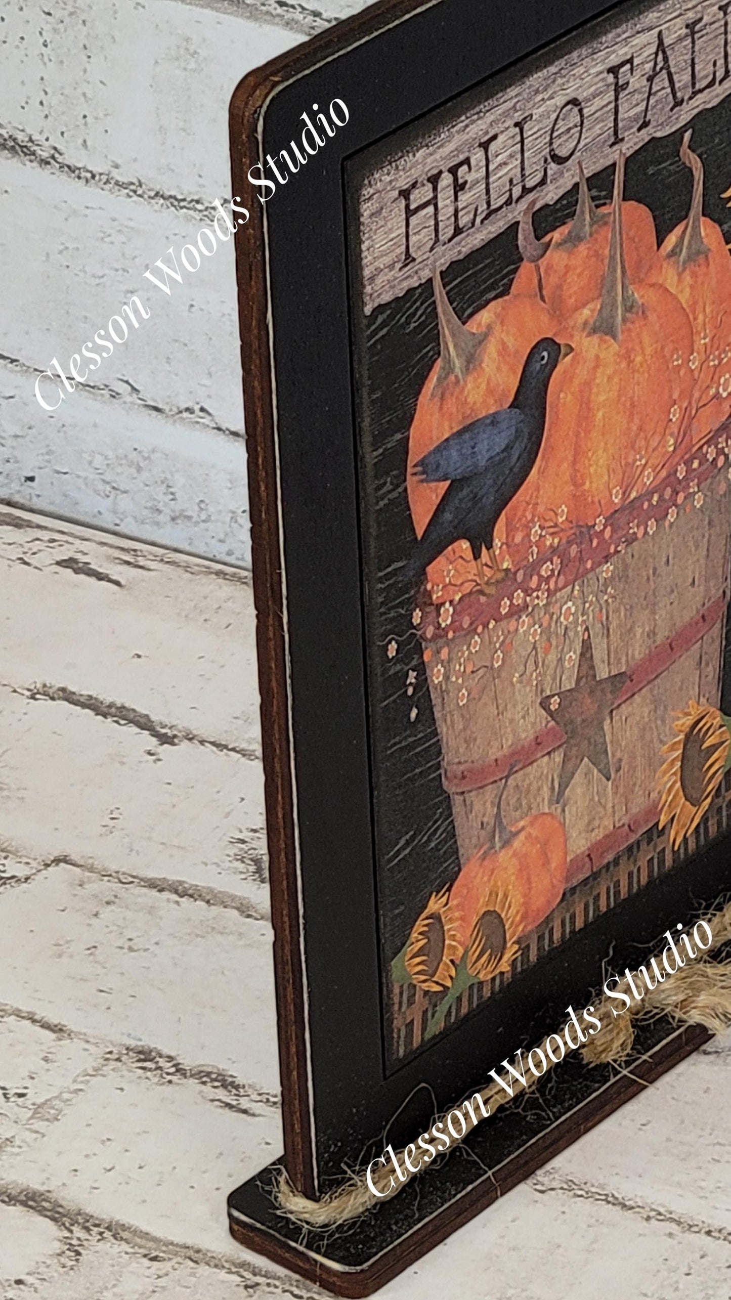 Hello Fall Bushel Basket Pumpkins Sunflowers Crow Framed Art with Attached Stand