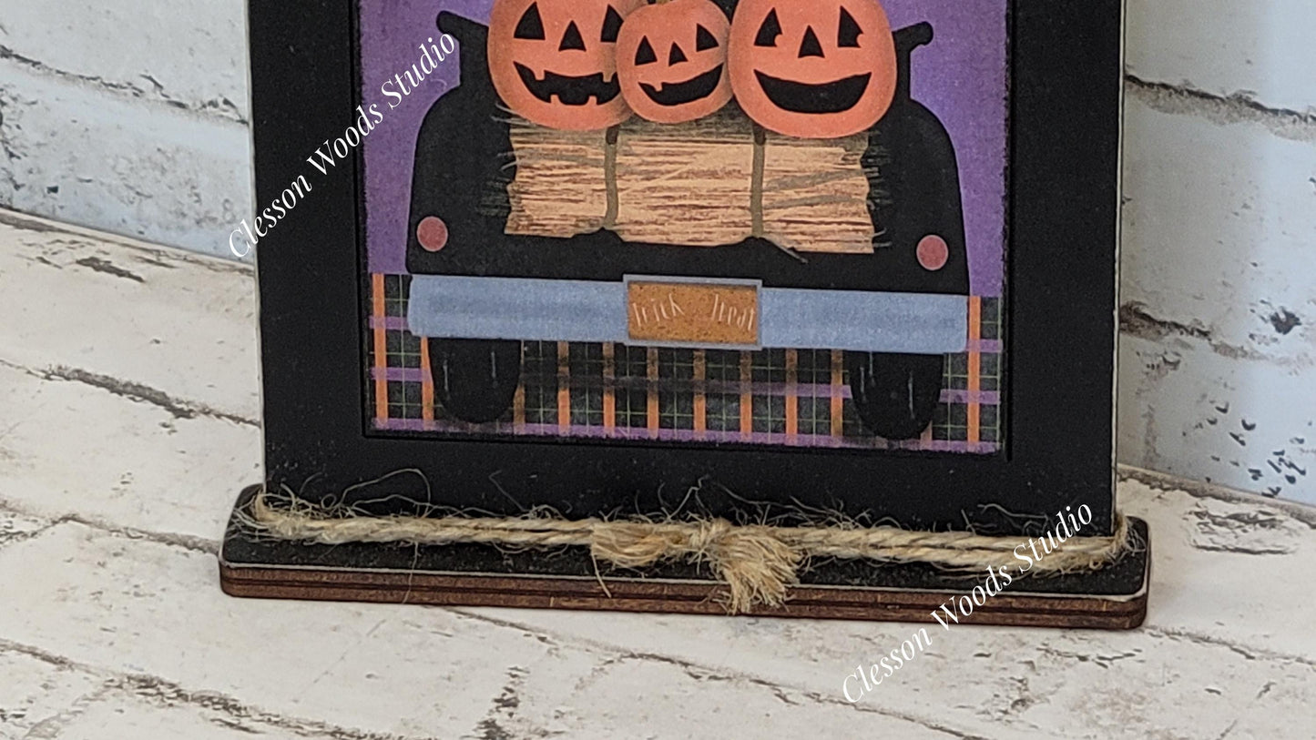 Happy Halloween Black Truck of Pumpkins Framed Art with Attached Stand