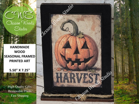 Harvest Primitive Pumpkin Framed Art with Attached Stand