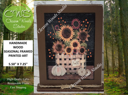 Primitive Fall Basket of Flowers Framed Art with Attached Stand