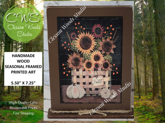 Primitive Fall Basket of Flowers Framed Art with Attached Stand