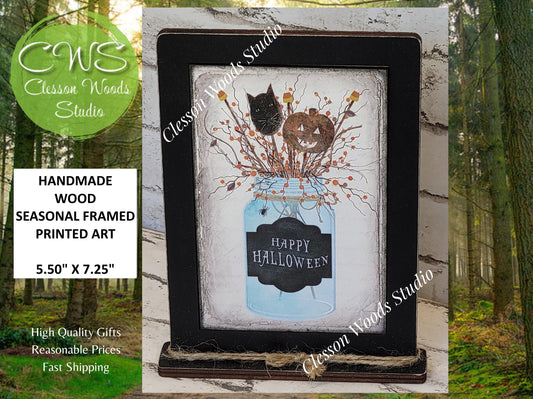Happy Halloween Mason Jar Framed Art with Attached Stand