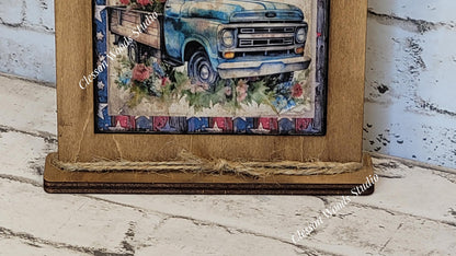 American Vintage Blue Truck Framed Art with Attached Stand
