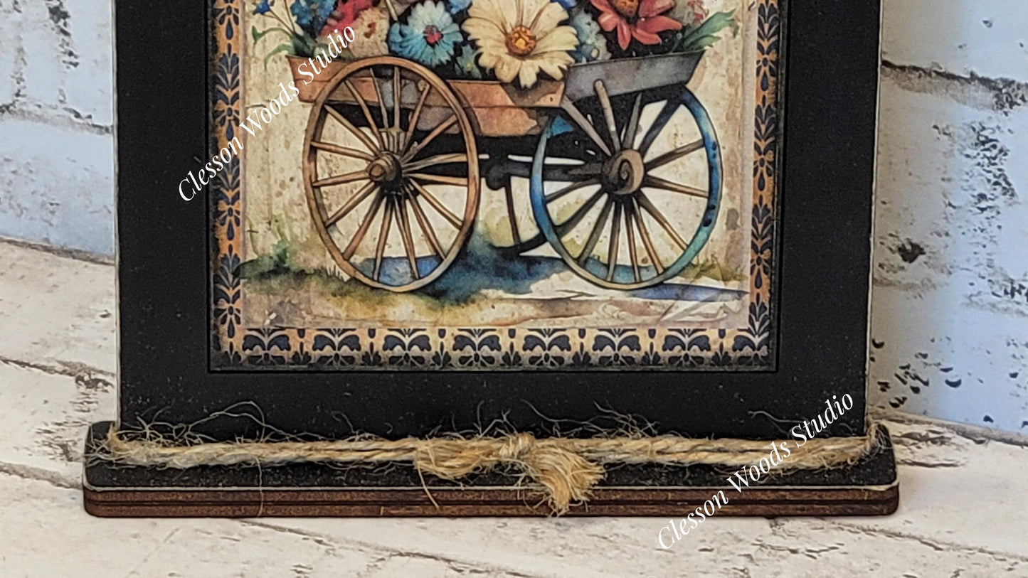 Old Glory July Flower Cart Framed Art with Attached Stand