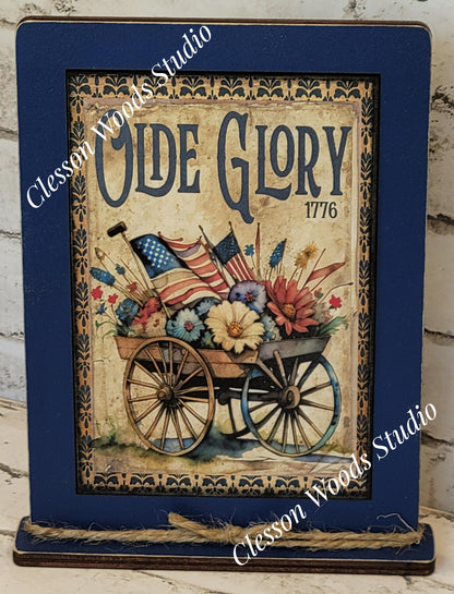 Old Glory July Flower Cart Framed Art with Attached Stand