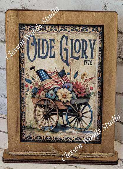 Old Glory July Flower Cart Framed Art with Attached Stand