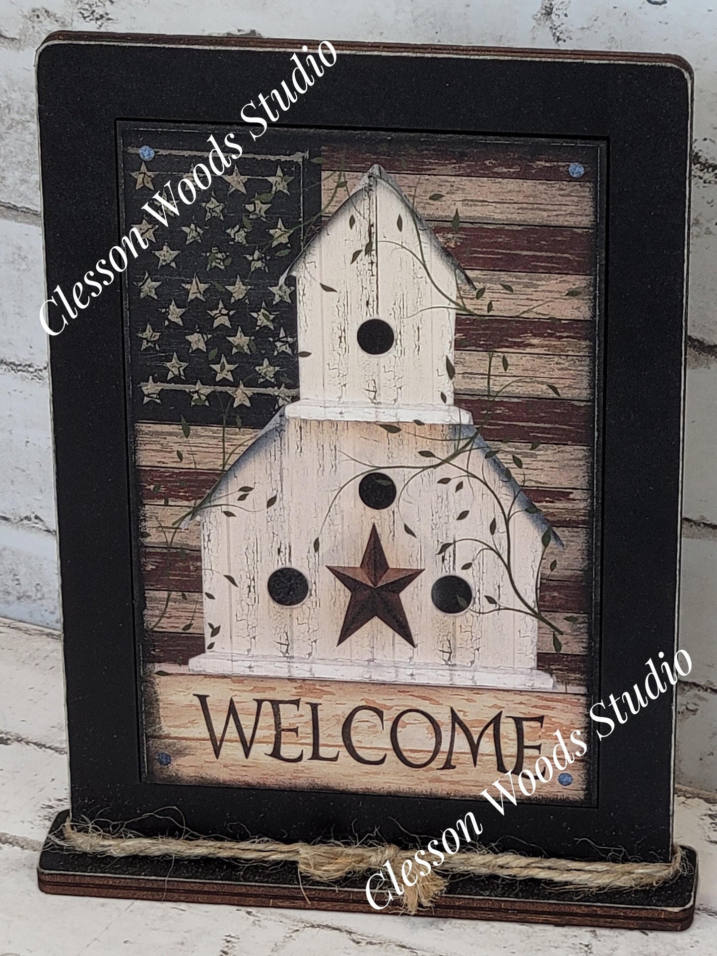 Welcome Patriotic Birdhouse Framed Art with Attached Stand