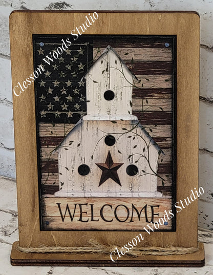 Welcome Patriotic Birdhouse Framed Art with Attached Stand