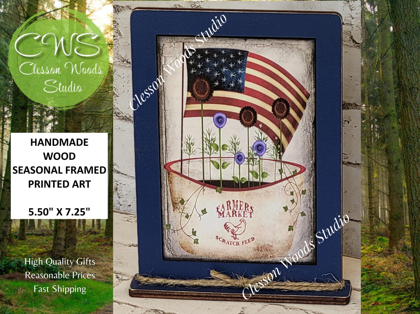 Primitive Pot of July Flowers and Flag Framed Art with Attached Stand
