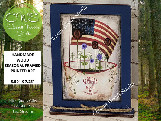 Primitive Pot of July Flowers and Flag Framed Art with Attached Stand