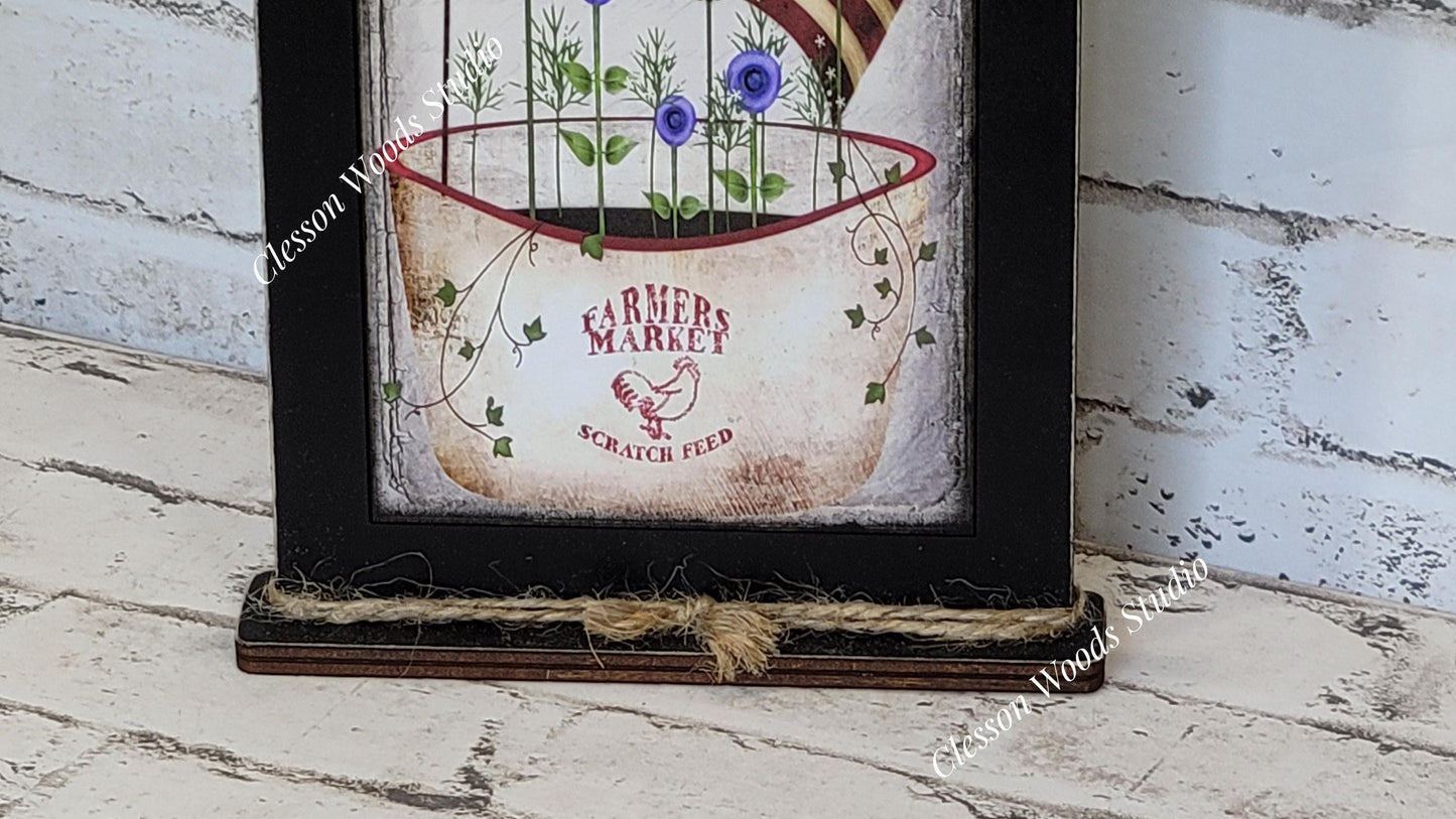 Primitive Pot of July Flowers and Flag Framed Art with Attached Stand
