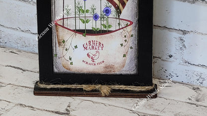 Primitive Pot of July Flowers and Flag Framed Art with Attached Stand