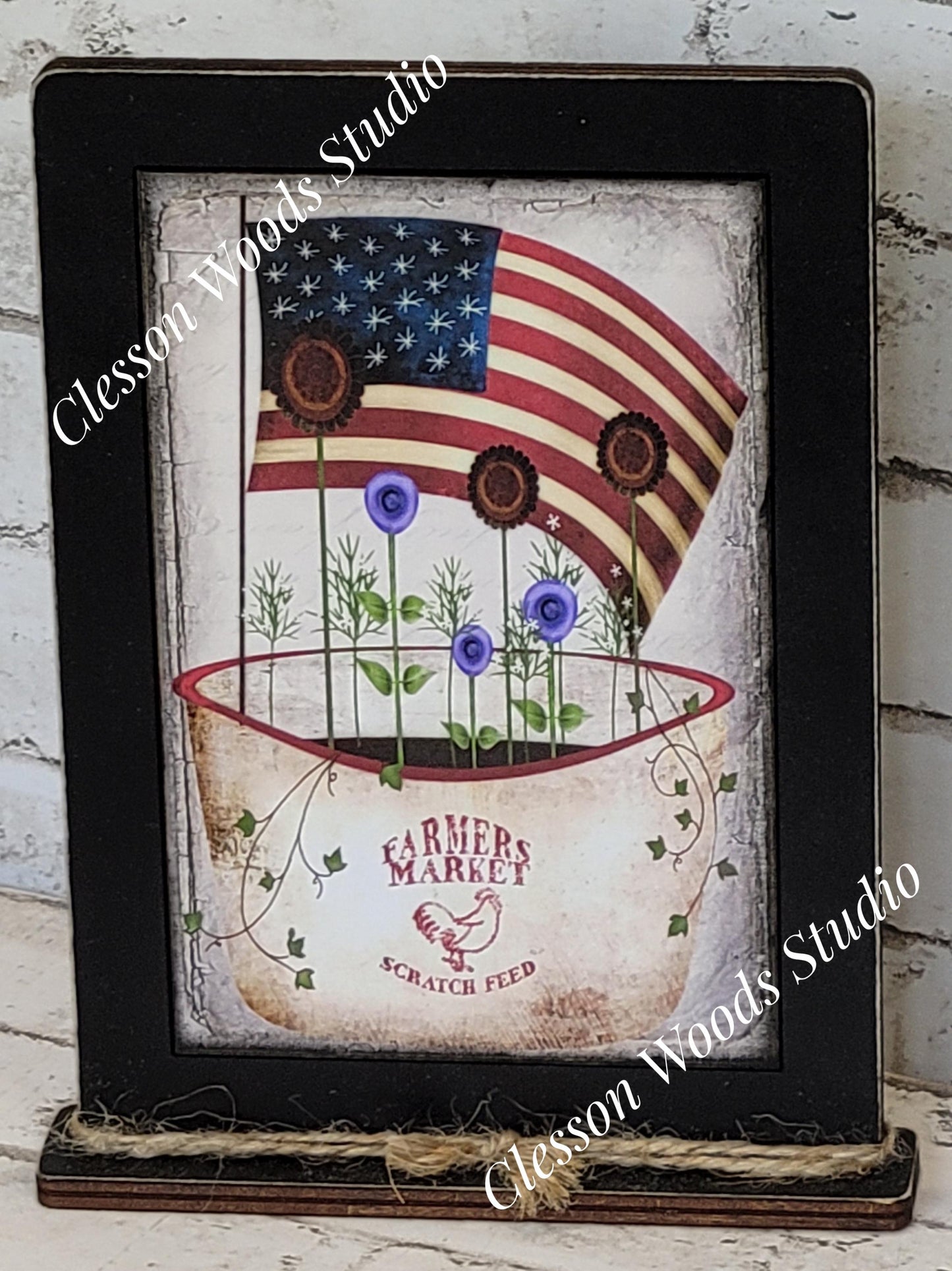 Primitive Pot of July Flowers and Flag Framed Art with Attached Stand