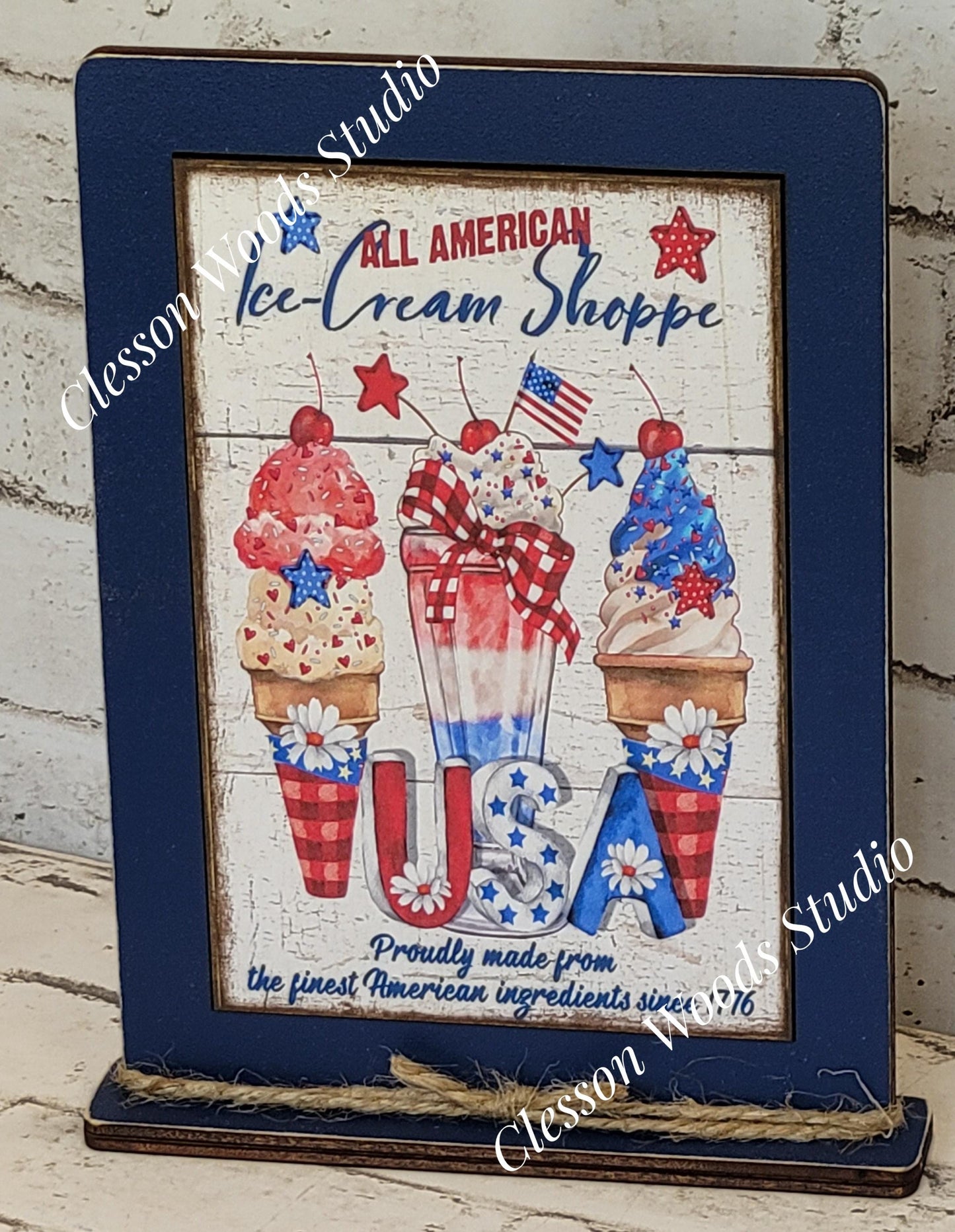 Summer All American Ice Cream Shop Framed Art with Attached Stand