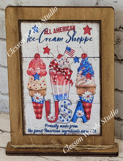 Summer All American Ice Cream Shop Framed Art with Attached Stand