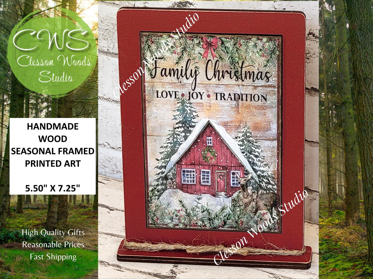 Family Christmas Love Joy Tradition Framed Art with Attached Stand