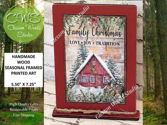 Family Christmas Love Joy Tradition Framed Art with Attached Stand