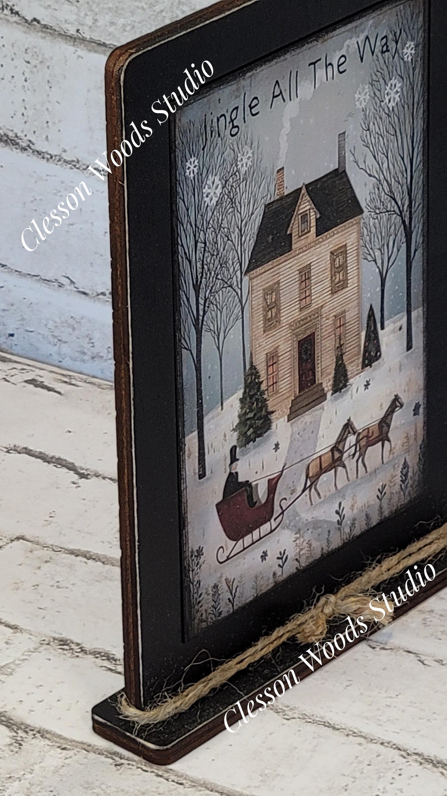 Jingle All The Way Saltbox House and Sleigh Framed Art with Attached Stand