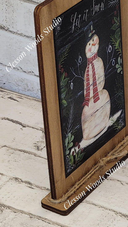 Let It Snow Primitive Snowman Framed Art with Attached Stand