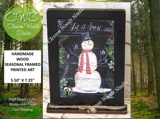 Let It Snow Primitive Snowman Framed Art with Attached Stand