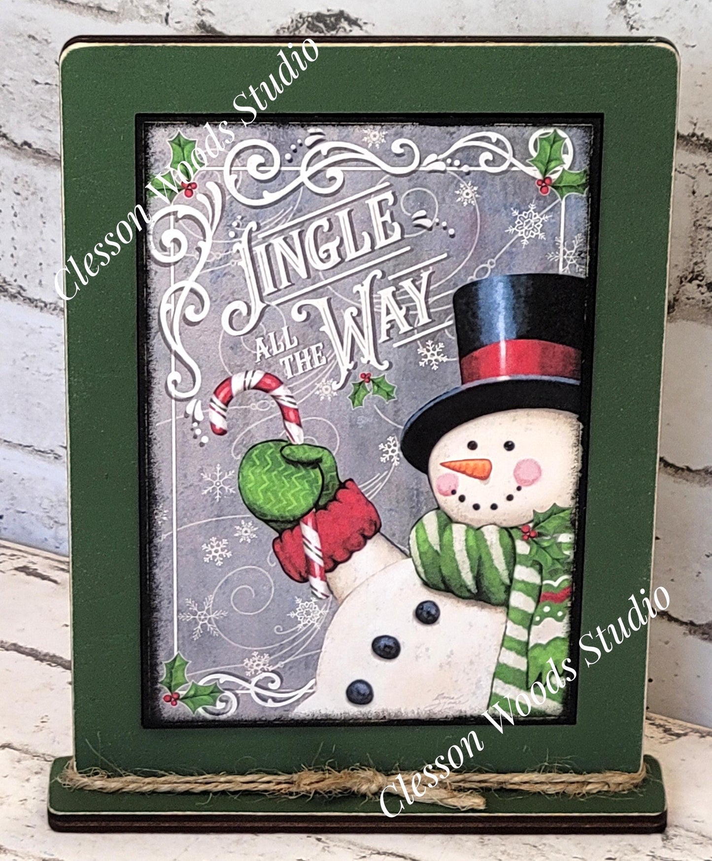 Jingle All The Way Snowman With Candy Cane Framed Art with Attached Stand