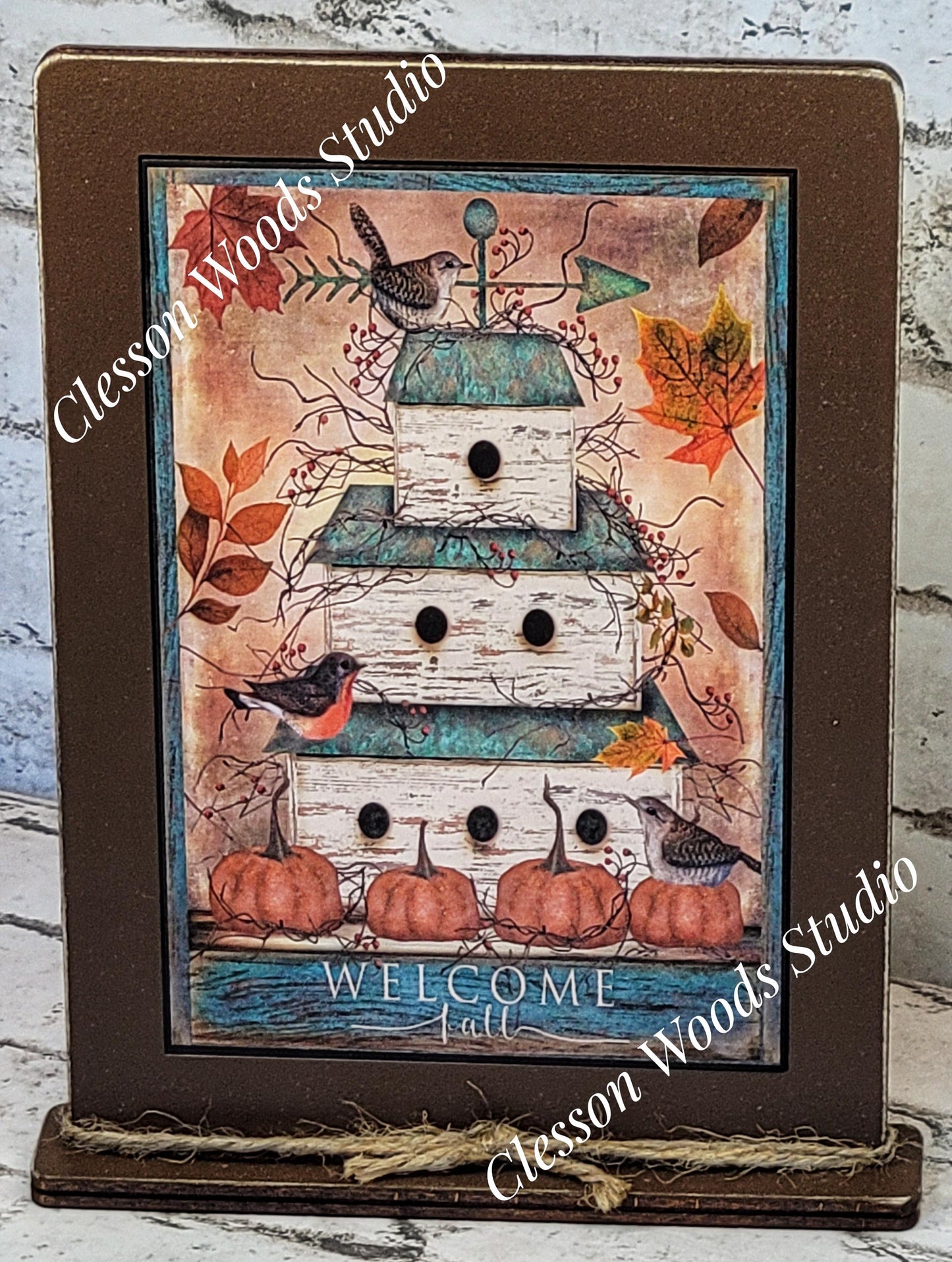 Welcome Fall Birdhouse Framed Art with Attached Stand