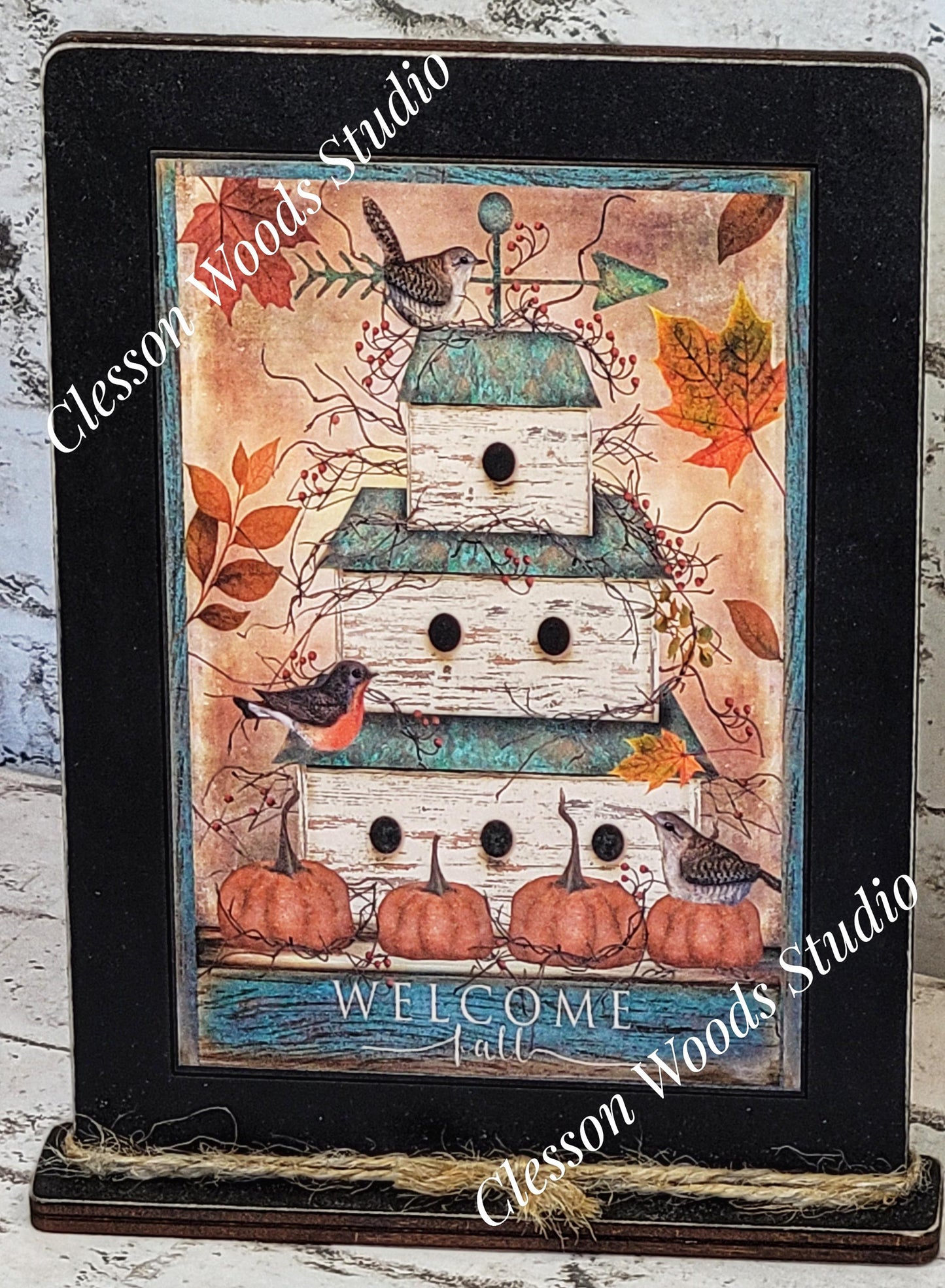 Welcome Fall Birdhouse Framed Art with Attached Stand