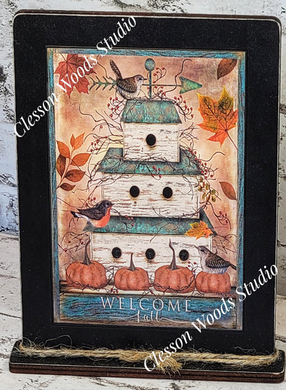 Welcome Fall Birdhouse Framed Art with Attached Stand