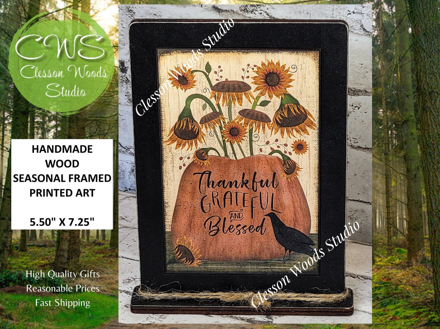 Primitive Thankful Grateful and Blessed Framed Art with Attached Stand
