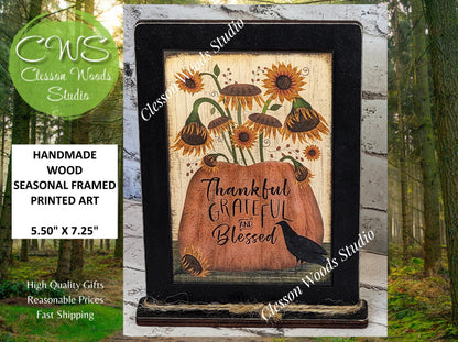 Primitive Thankful Grateful and Blessed Framed Art with Attached Stand