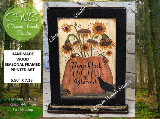Primitive Thankful Grateful and Blessed Framed Art with Attached Stand