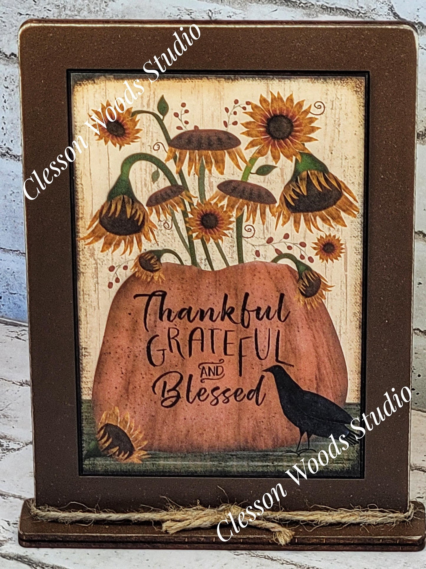 Primitive Thankful Grateful and Blessed Framed Art with Attached Stand