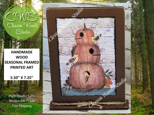 Primitive Pumpkin Stack Birdhouse Framed Art with Attached Stand