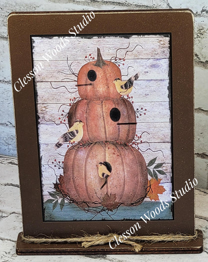 Primitive Pumpkin Stack Birdhouse Framed Art with Attached Stand