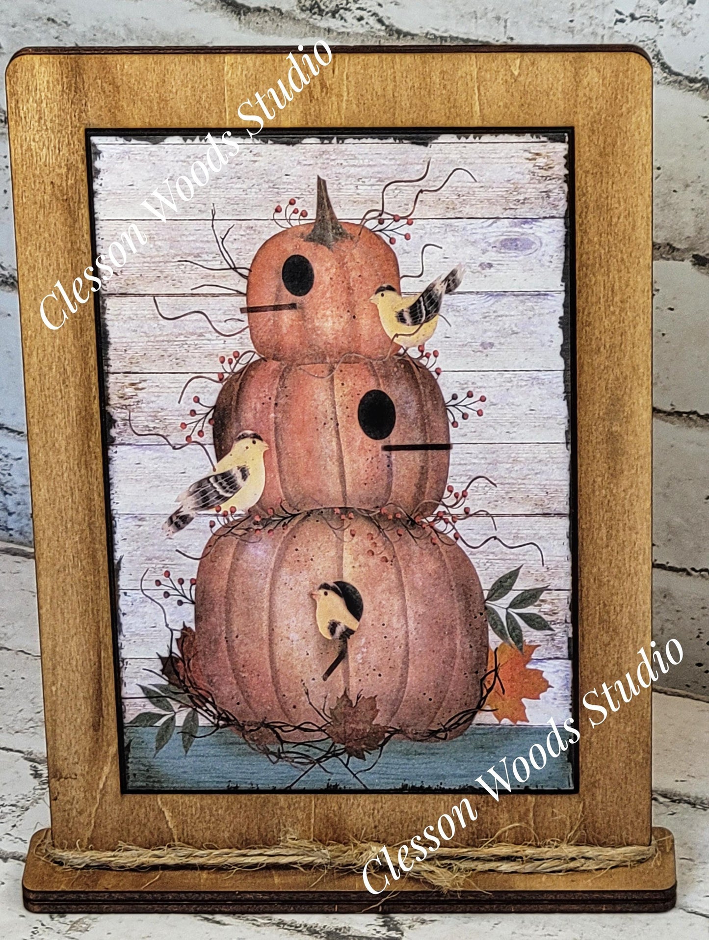 Primitive Pumpkin Stack Birdhouse Framed Art with Attached Stand