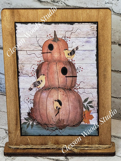 Primitive Pumpkin Stack Birdhouse Framed Art with Attached Stand