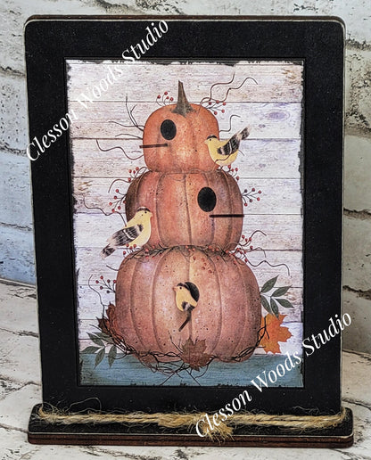 Primitive Pumpkin Stack Birdhouse Framed Art with Attached Stand