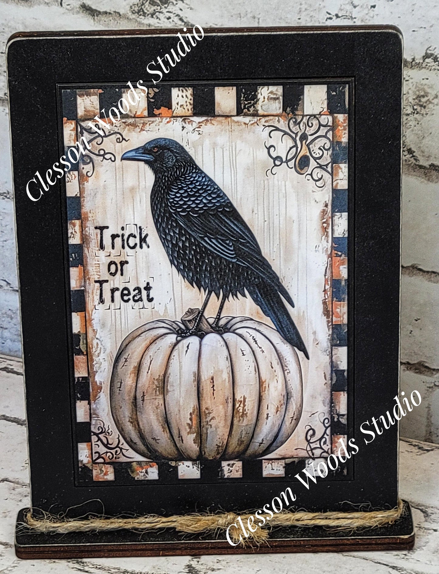 Primitive Trick or Treat Crow and White Pumpkin Framed Art with Attached Stand