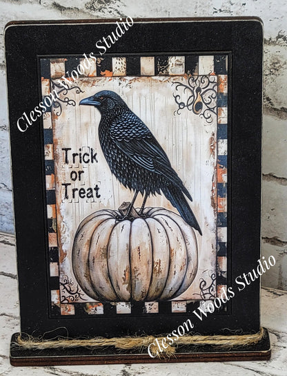 Primitive Trick or Treat Crow and White Pumpkin Framed Art with Attached Stand