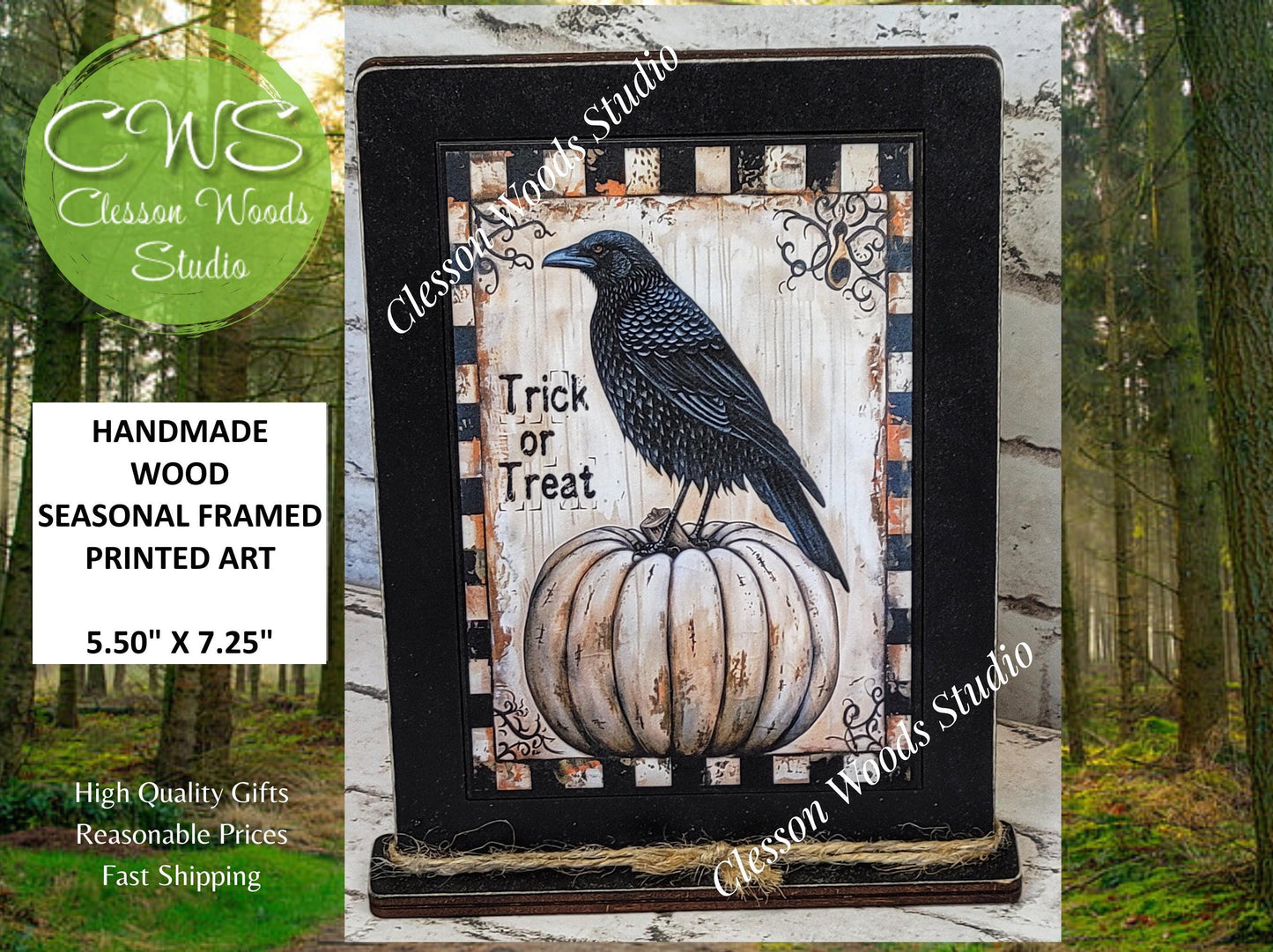 Primitive Trick or Treat Crow and White Pumpkin Framed Art with Attached Stand