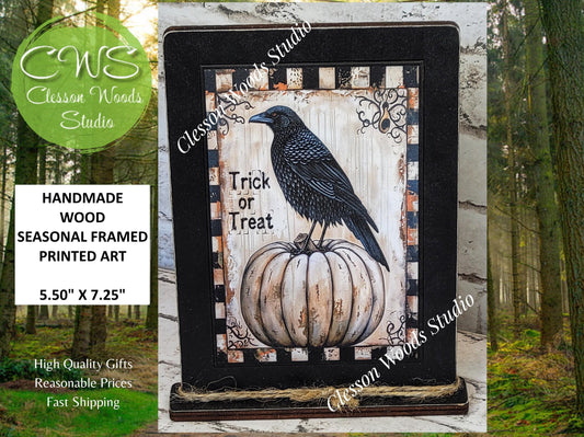 Primitive Trick or Treat Crow and White Pumpkin Framed Art with Attached Stand