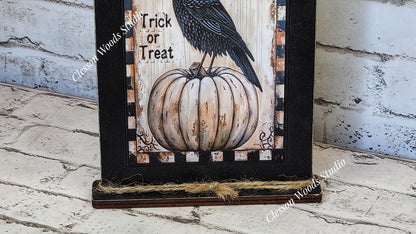 Primitive Trick or Treat Crow and White Pumpkin Framed Art with Attached Stand