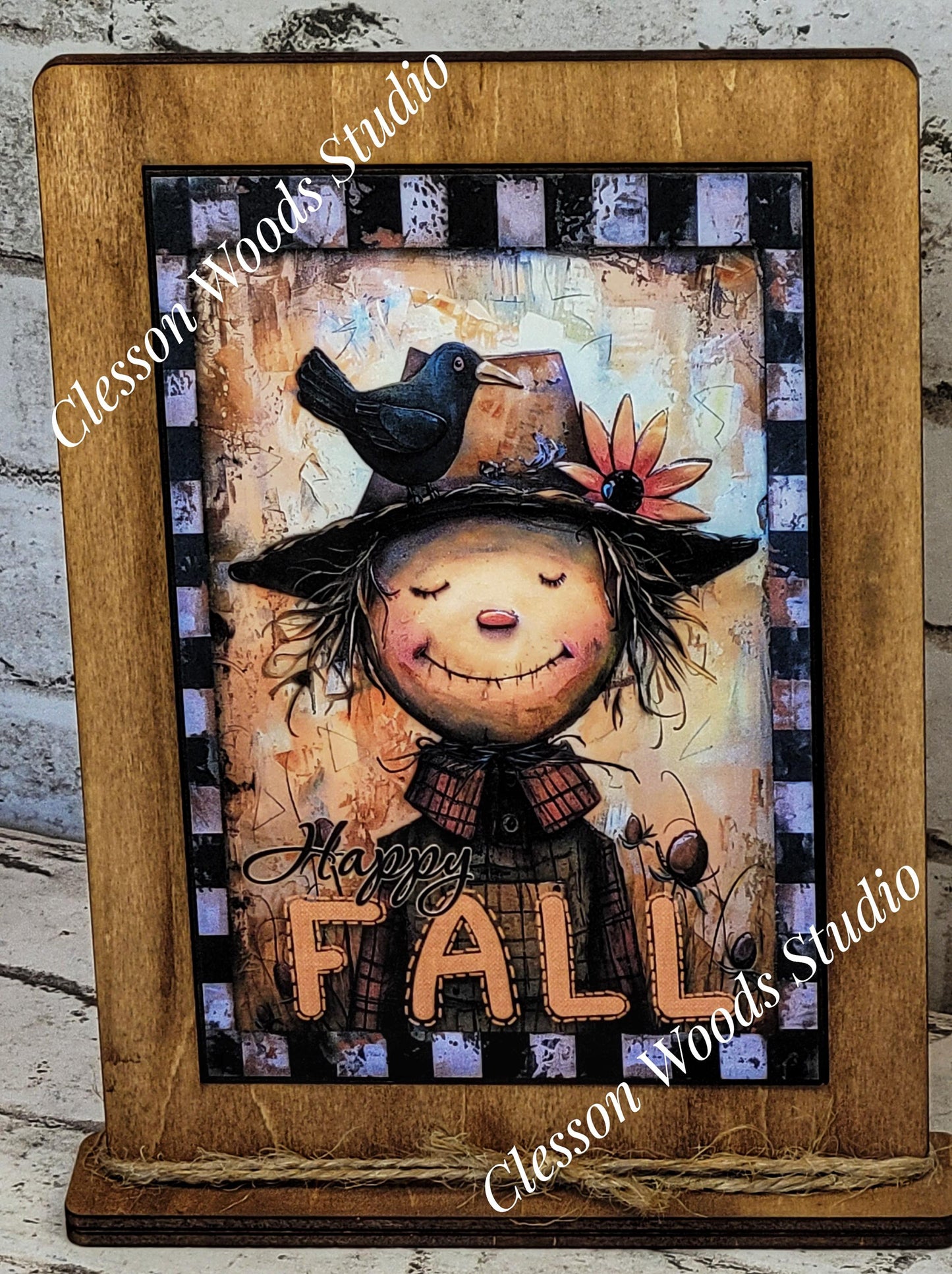 Happy Fall Whimsical Scarecrow Framed Art with Attached Stand