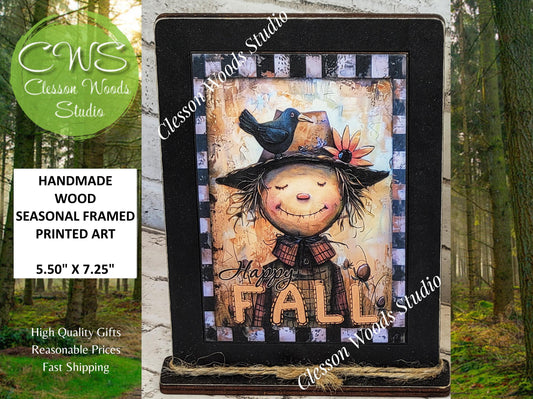 Happy Fall Whimsical Scarecrow Framed Art with Attached Stand