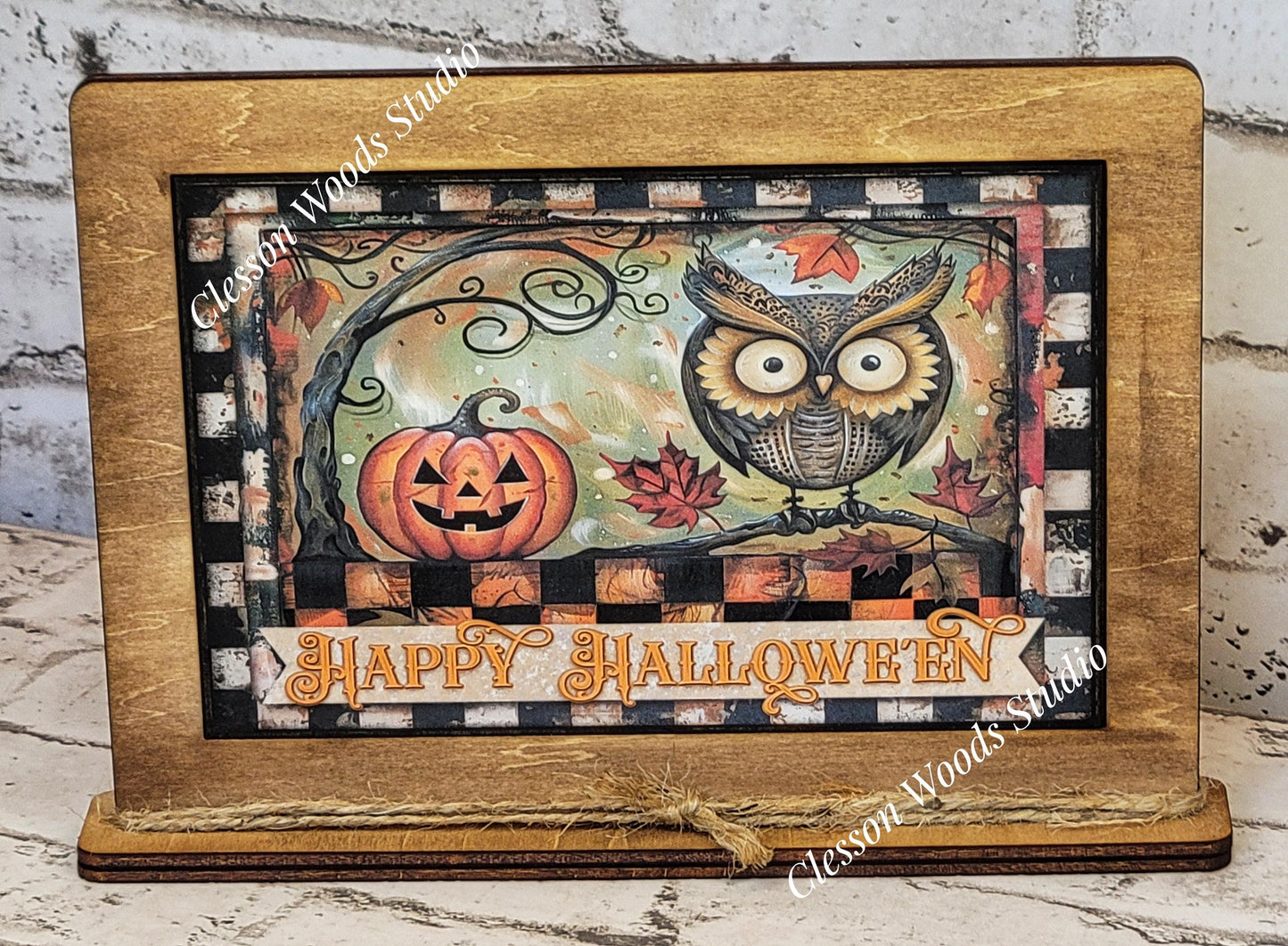 Primitive Happy Halloween Owl and Pumpkin Art with Attached Stand