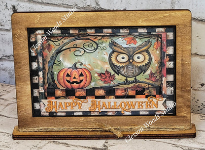 Primitive Happy Halloween Owl and Pumpkin Art with Attached Stand