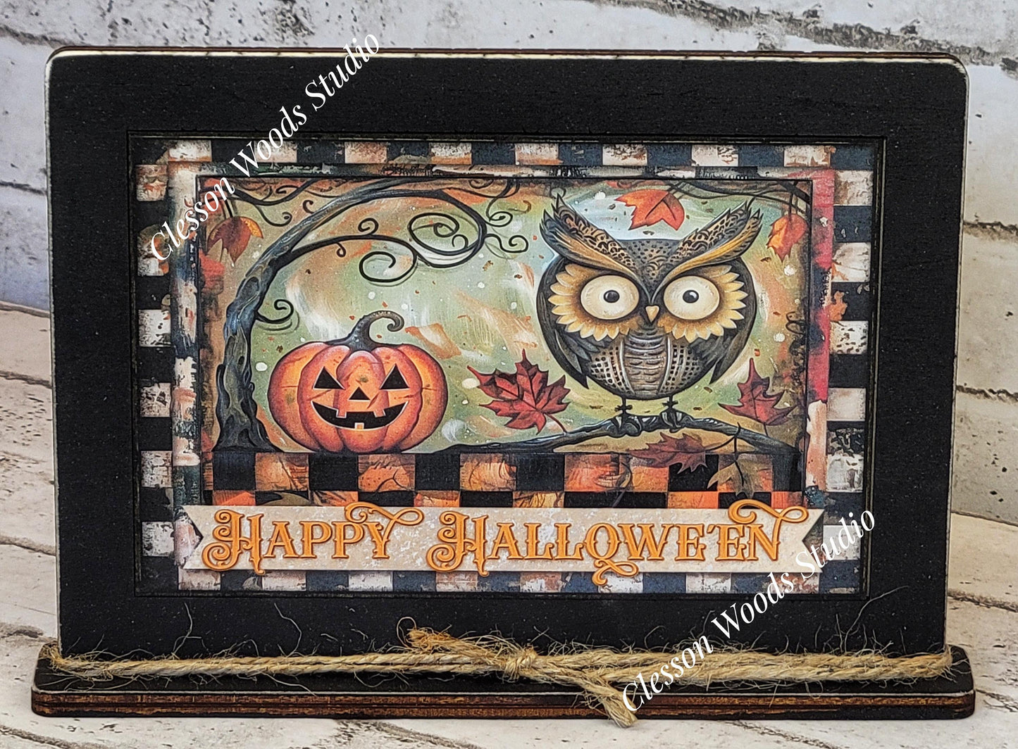 Primitive Happy Halloween Owl and Pumpkin Art with Attached Stand