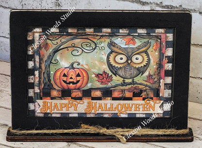 Primitive Happy Halloween Owl and Pumpkin Art with Attached Stand